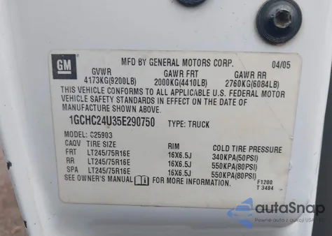 2005 Chevrolet Silverado 2500Hd Work Truck from USA, damaged, VIN 1GCHC24U35E290750